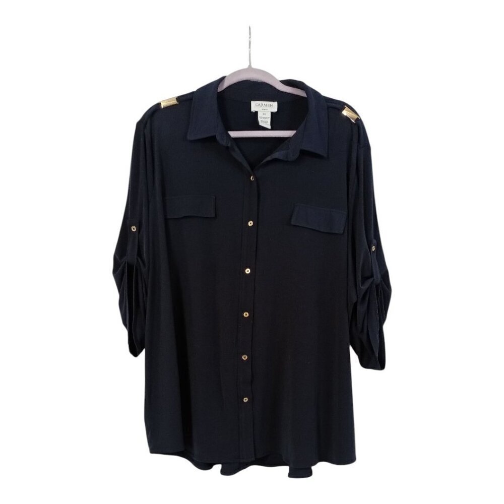 CARMEN Marc Valvo Womens Blouse Plus Size 3X Navy Blue Button Up Bling Stretch